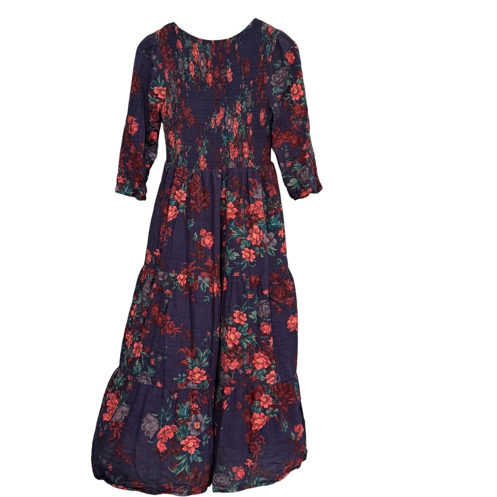 Natural Life Navy Floral Smocked Tiered Maxi Dress XS Boho V-Neck 3/4 Sleeve - Picture 4 of 6